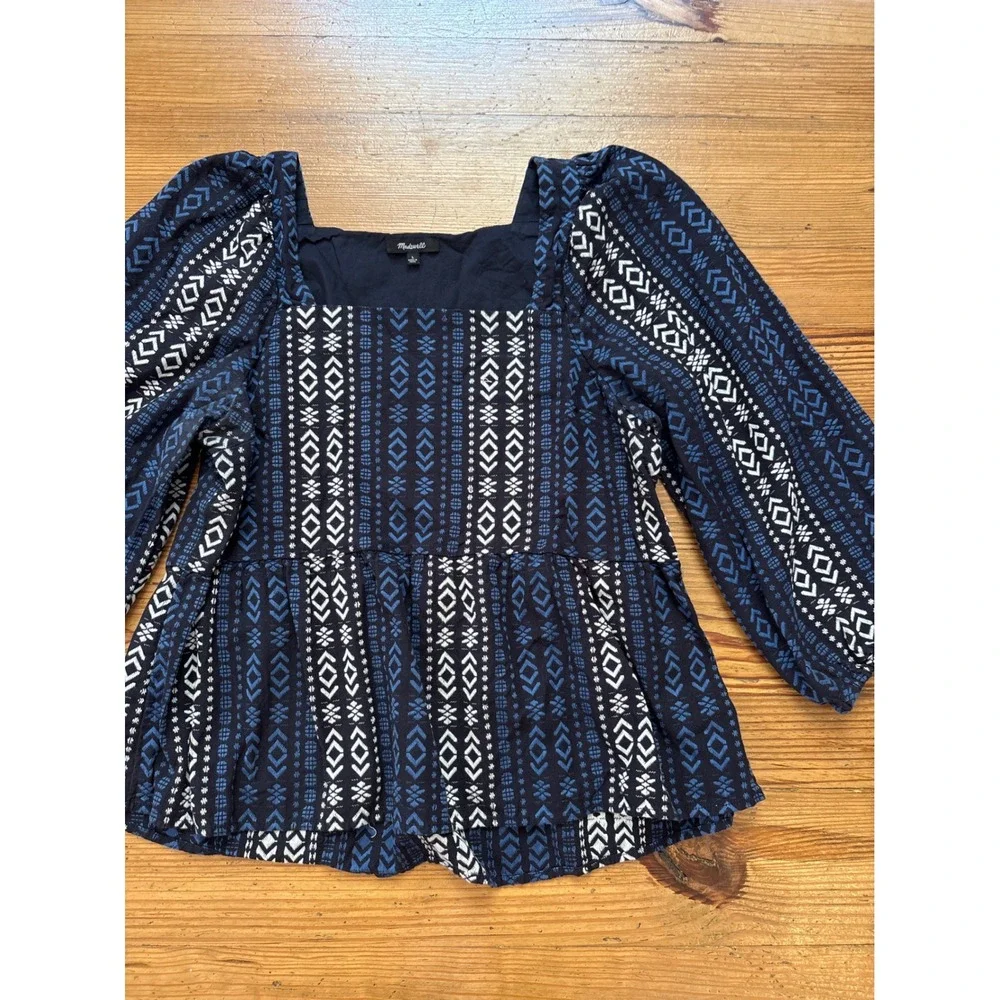 Madewell Peplum Top Women Blue‎ Geometric Boho Square Neck Puff Sleeve SIZE L